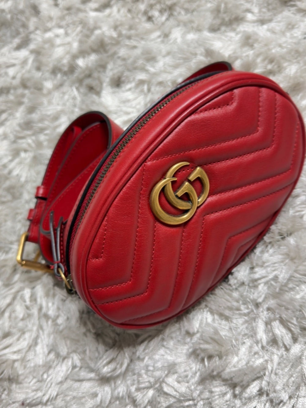 Gucci Red Quilted Leather Oval Belt Bag with Gold Double-G